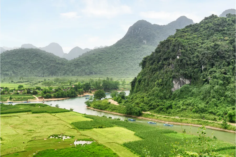 Aerial View of Son river Phong Nha Village